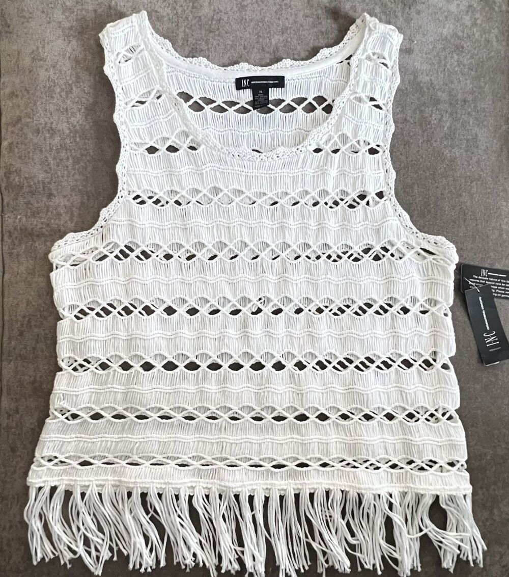 INC White Crochet Fringe Hem Tank Top Boho Festival Sleeveless Womens XL NWT